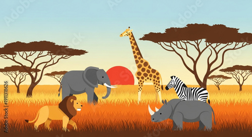 African safari animals illustration including lion elephant giraffe zebra and rhino in a savanna landscape with acacia trees and sunset flat vec