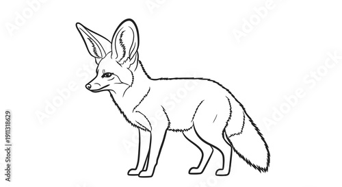 A simple black and white line drawing of a fennec fox standing with its ears perked up.