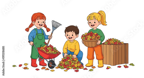Three children, two girls and one boy, happily rake and gather colorful autumn leaves into a wheelbarrow, basket, and wooden crate during a fall cleanup.