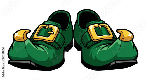Pair of green leprechaun shoes with gold buckles and tips cartoon illustration for St Patricks Day celebration isolated on white