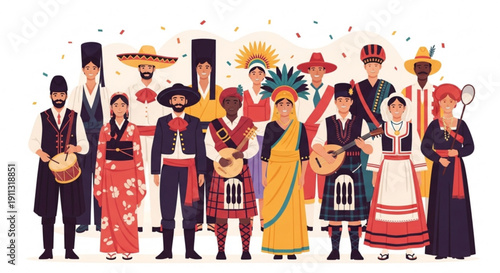 Diverse group of people in traditional cultural clothing celebrating unity and diversity vector illustration for global concepts