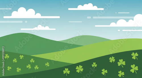 Green rolling hills with shamrocks and clouds a festive St Patricks Day landscape illustration for celebration and design