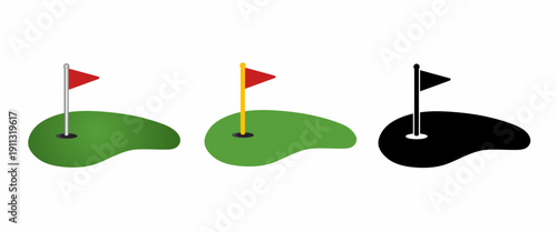 Minimal golf hole with flag on putting green. Clean flat and silhouette vector icon set isolated on white background. Scalable sports illustration for golf branding, logo and design use.