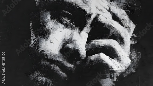 Charcoal sketch of a pensive man with his hand on his forehead, conveying deep thought