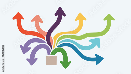 Dynamic illustration of diverse arrows diverging from a central point, symbolizing numerous choices, opportunities, and the spread of ideas or information