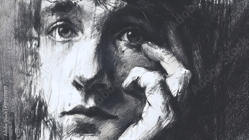 Charcoal sketch of a pensive man with his hand on his forehead, conveying deep thought