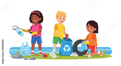 Three diverse children happily clean up litter like plastic bottles, cans, and a tire from a grassy area next to water.