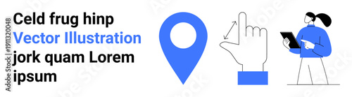 Navigation, teamwork, digital communication, business ideas, geography, online tools. Blue location marker, pointing hand and two people engaged with a tablet. Navigation and teamwork concept