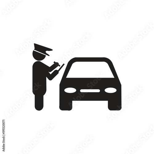 The image of a police icon is ticketing a car. The silhouette illustration generally depicts a traffic police officer carrying out law enforcement actions on the highway. This icon is designed visuall