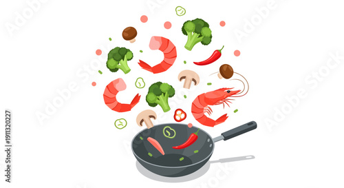 Stir Fry Cooking with Flying Shrimp Mushrooms and Broccoli in a Wok Pan Illustration