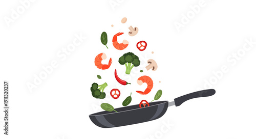 Shrimp and Vegetables Stir Fry Illustration in Wok Pan Isolated on White Background