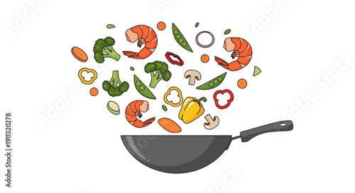 Stir Fry Cooking with Flying Shrimp and Fresh Vegetables in Wok Illustration