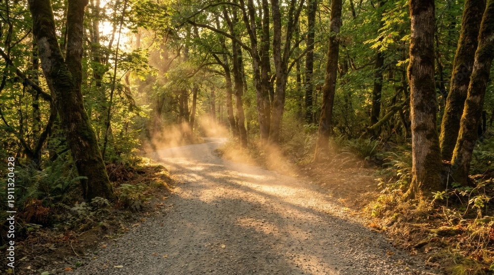 Obraz premium Sunbeams Shine on Dusty Gravel Road Through Dense Green Forest
