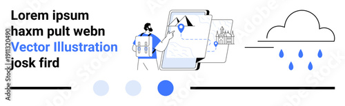 Man interacting with smartphone navigation, maps, location pins, cloud, raindrops, and modern UI. Ideal for travel, weather forecast, navigation technology apps digital tools simple landing page