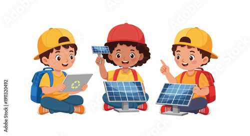 Three cheerful children in caps and backpacks are learning about solar energy, interacting with a tablet and different solar panel models for environmental education.