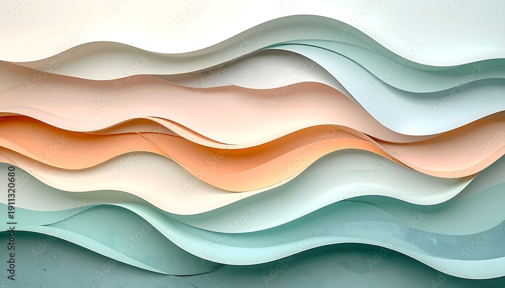 Obraz premium Abstract Wavy Layers of Soft Pastel Colors, Gentle Ripples of Peach, Mint Green, and Cream Evoking Serenity and Calmness in a Fluid Motion