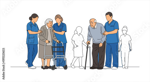Senior with Walking Aid – Elderly Care, Rehabilitation and Healthcare Support Illustration