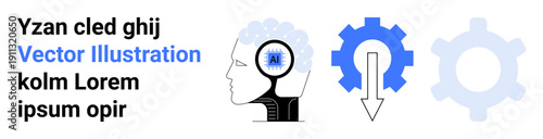 Artificial intelligence, automation, data processing, innovation, machine learning, system optimization. A human head with an AI symbol and two gears. Artificial intelligence and automation concept