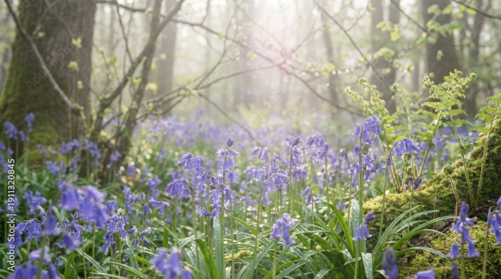 Obraz premium Bluebells carpeting a misty spring forest floor