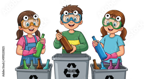 Three children wearing goggles and gloves are happily sorting colorful glass bottles into recycling bins labeled for glass.