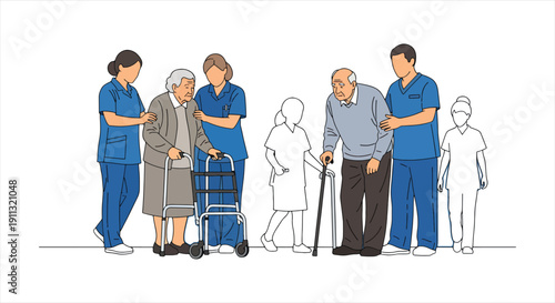 PSenior with Walking Aid – Elderly Care, Rehabilitation and Healthcare Support Illustration
