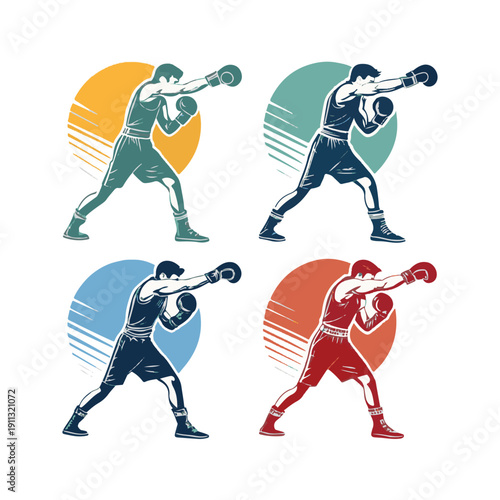 Four boxers in different colored silhouettes throwing punches with circular backgrounds boxing