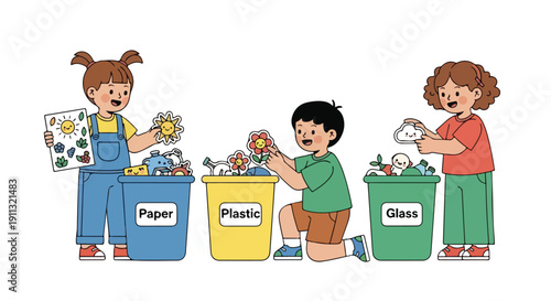 Three cheerful children are actively participating in recycling, thoughtfully sorting paper, plastic, and glass into separate, color-coded bins.