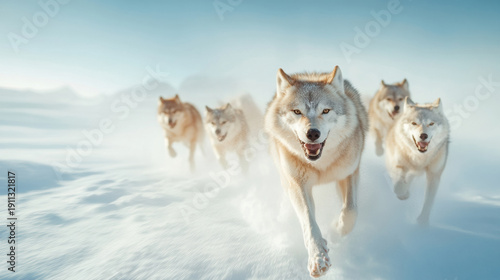 Wolf pack running through snowy landscape with intense focus and energy in cold winter environment