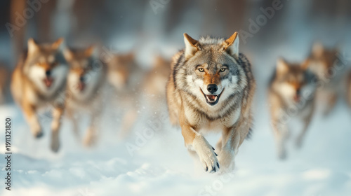 Wolf pack running through snow with focused leader in front and blurred pack behind in cold winter forest
