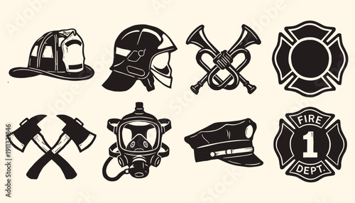 Vintage Firefighter Gear and Emblems Linocut Collection