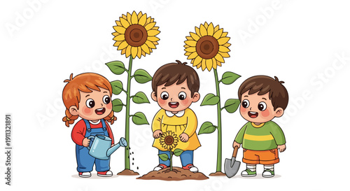 Three cheerful children actively engage in gardening, watering, planting, and digging around vibrant sunflowers.