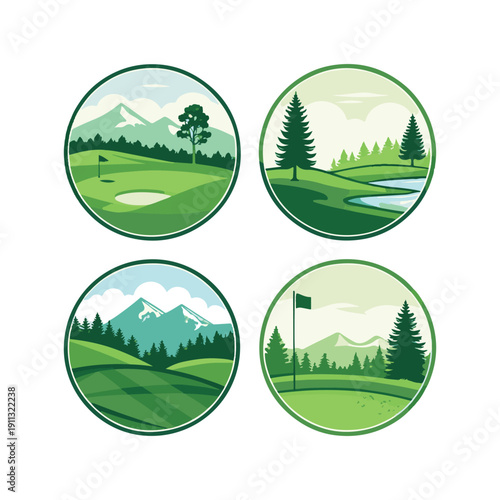 Four circular golf course scenes with mountains trees and water green nature.