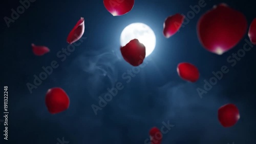A glowing full moon in a night sky with floating red rose petals and atmospheric fog