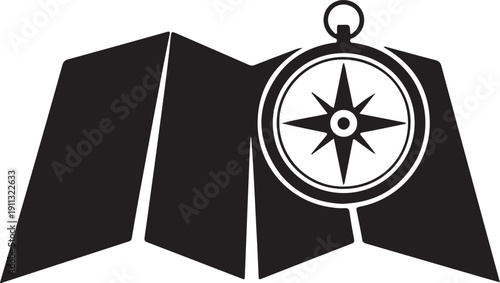Map and Compass Silhouette – Navigation Vector Black on White