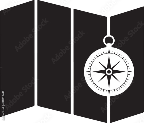 Map and Compass Silhouette – Navigation Vector Black on White