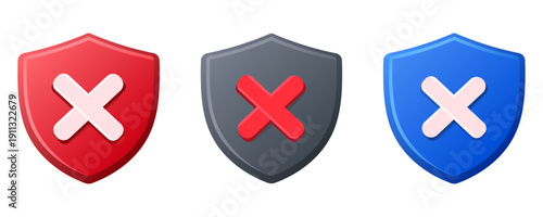 Set of Three Shield Icons with Cross Mark X Symbol in Red, Gray and Blue – Security Protection Error Badge Vector Illustration Isolated on Transparent Background
