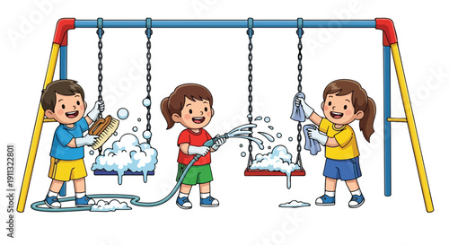 Three happy children collaboratively clean playground swings using a brush, water hose, and cloths, creating soap suds.