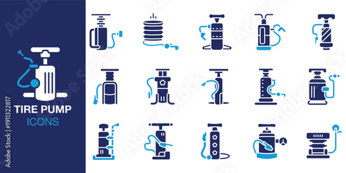 Tire Pump icon set. Containing compressor, pressure, hose, valve, nozzle, gauge, bicycle and more. Solid vector icons collection. Vector illustration.