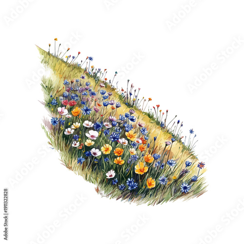 wildflowers covered hillside drawn vector illustration