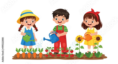 Three cheerful children, two girls and a boy, joyfully water carrots, tomatoes, and sunflowers in a vibrant garden, illustrating childhood gardening activities.