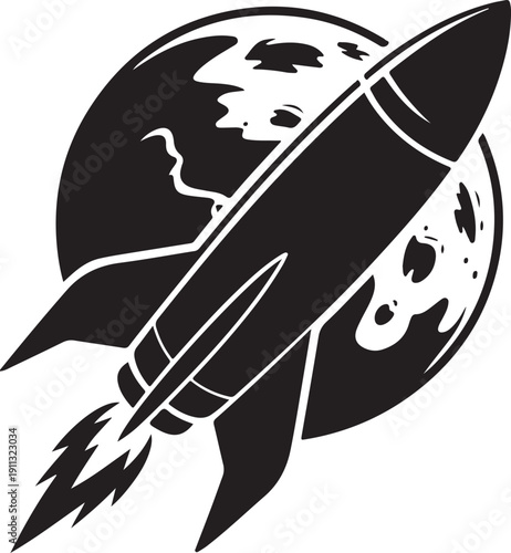 Space Scene Silhouette – Rocket and Planet Vector Black on White