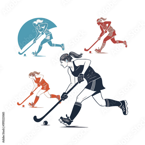 Female field hockey players in action with sticks and ball woman.