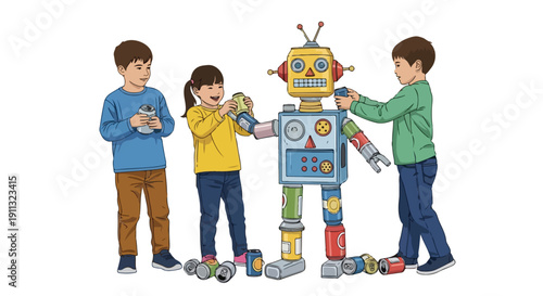 Three smiling children happily build a colorful robot using various recycled aluminum cans against a white background.