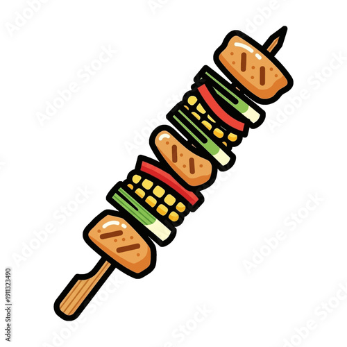 A delicious and colorful skewer of grilled food with vegetables and meat, perfect for a barbecue or picnic.