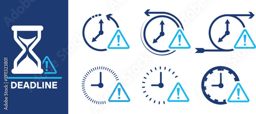 Modern flat deadline and time warning icon collection featuring clock, countdown, alert symbol, and urgent reminder concepts. Perfect for productivity apps, project management, and business UI design.