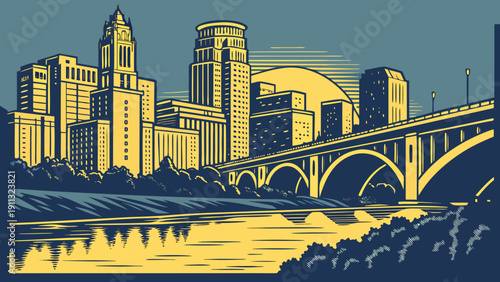 Minneapolis skyline, cityscape with a bridge and river, suitable for travel guides, postcards, websites, and city promotion materials.