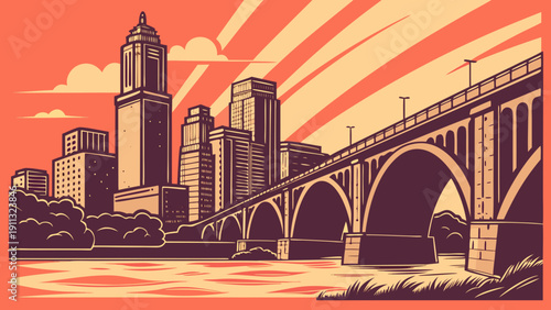 Minneapolis skyline showcases cityscape and stone arch bridge. Perfect for travel blogs, city guides, websites, and social media posts.