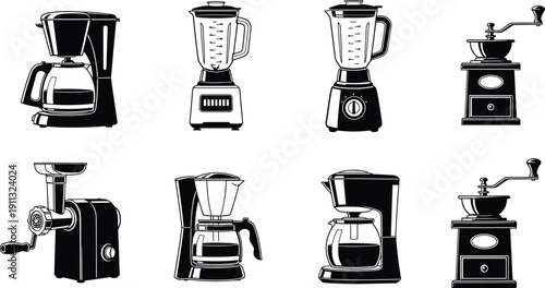 Black and White Coffee Maker and Grinder Vector Illustration Set, Kitchen Brewing Appliances Collection Isolated Background