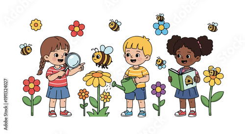 Three diverse children interact with nature, with one examining a bee, another watering a flower, and a third reading a book about beehives.