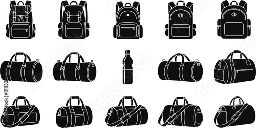 Backpack and Duffel Bag Vector Set, Travel Luggage and School Backpack Silhouette Collection Isolated on White Background
